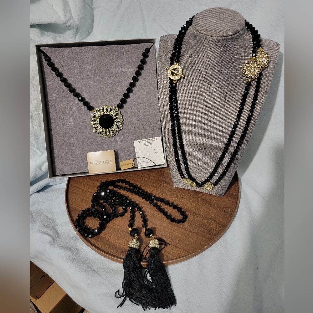 Heidi Daus HSN Beaded Black Gold Crystal Necklace Set NWOT